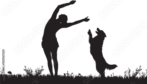 Woman playing with dog silhouette on grass, cheerful outdoor scene of pet jumping up for a treat, playful training moment in park, isolated on white background