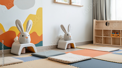 Playful rabbit themed playroom featuring bunny shaped furniture, colorful mats, and cozy atmosphere for children to enjoy