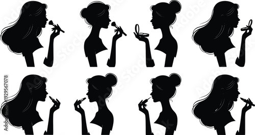 Set of elegant female silhouettes applying makeup, beauty routine icons featuring women with brushes, lipstick, and compact powder for salon, spa, and fashion branding.