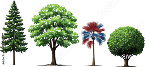 Realistic tree collection with pine tree, leafy deciduous tree, colorful palm and round garden tree, nature landscape vector illustration isolated on white background