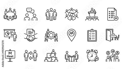 Meetings & Collaboration Line Art Icons Set on White Background, meeting icons, collaboration icons, teamwork icons, line art icons, outline icons, business meeting icon, discussion icon, team icon, 