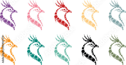 Colorful dragon head silhouettes created from circular shapes, Stylized dragon head animal silhouettes made with abstract circle pattern