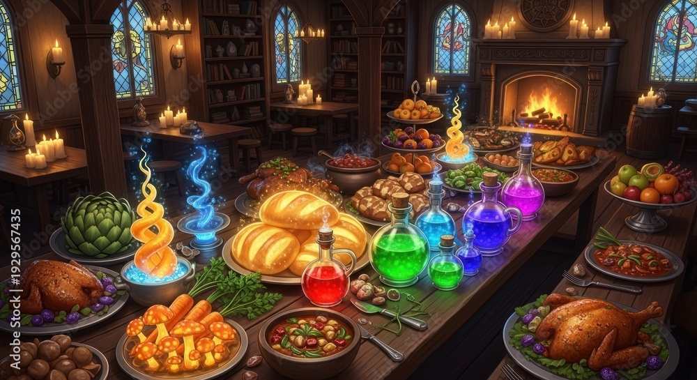 Fototapeta premium A magical feast with enchanted potions and food laid out on a table.