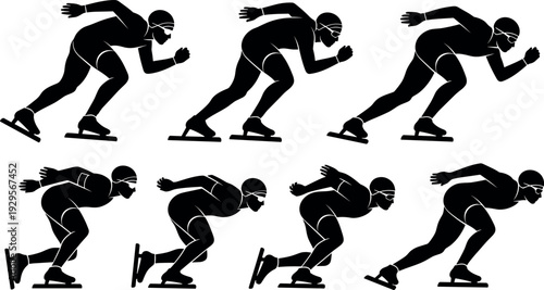 Speed skating athlete silhouettes set showing motion sequence of professional ice skater racing, winter sport action poses, isolated black vector illustration collection