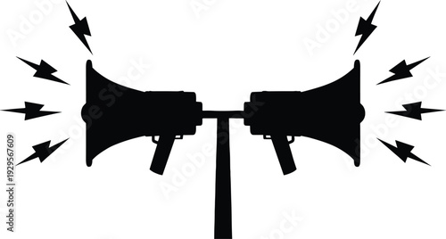 Megaphone loudspeaker silhouette with sound lightning bolts, protest announcement speaker icon, black and white vector illustration isolated on white background