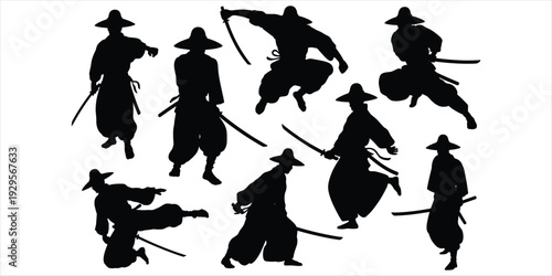 Silhouettes of samurai warriors in various dynamic fighting poses Keywords: samurai, warrior, martial arts, fighting, combat