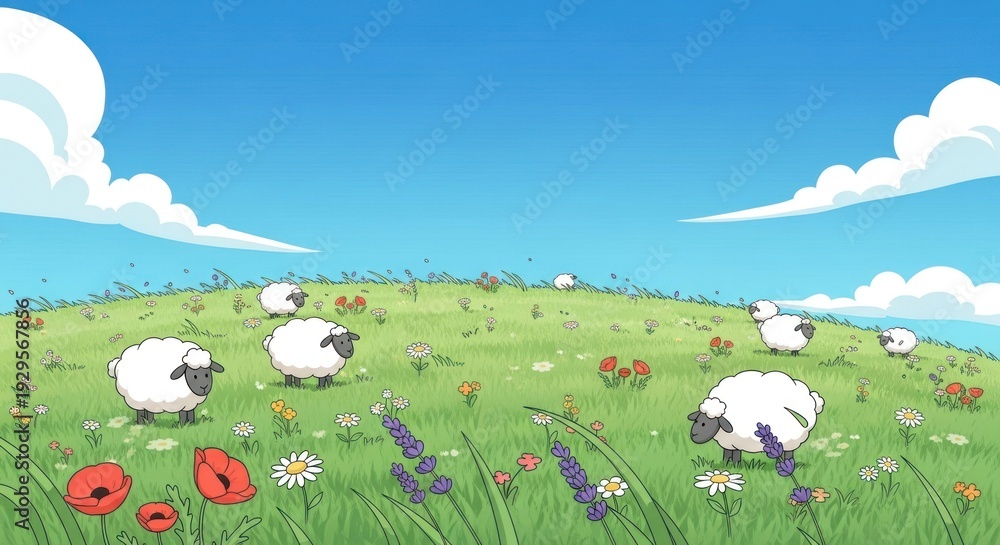Fototapeta premium Cute cartoon sheep grazing in a green meadow on a sunny summer day.