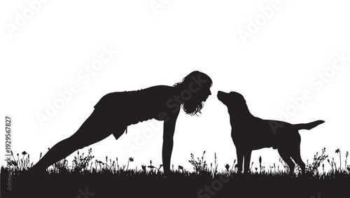 Silhouette woman doing yoga plank pose while dog stands nose to nose in meadow grass, minimalist black cutout on white background with copy space featuring exercise, workout, fitness with stretching