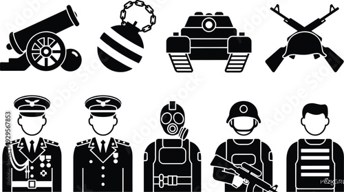 Military and army silhouette icon set, soldier tank cannon and weapon vector illustration isolated on white background, defense symbols collection