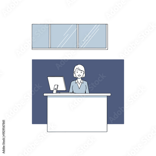 Friendly receptionist or office worker at a reception desk with a computer and modern office background