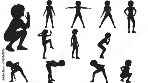 Dancers silhouette set with various dance poses and afro hairstyles featuring dancer, black, pose with hairstyle and movement elements for choreography, rhythm projects, clean composition on simple