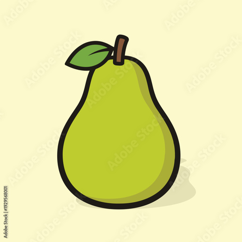 Vector illustration of a vibrant cartoon illustration of a green pear with a leaf on a pale yellow background