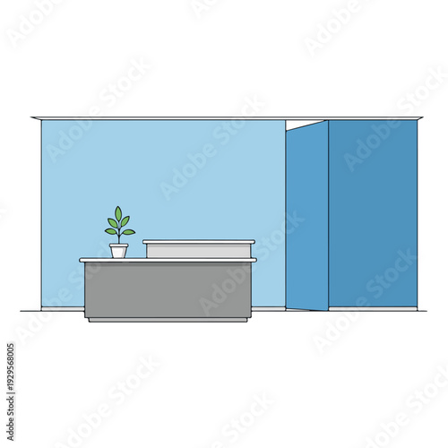Modern office reception desk with potted plant and blue wall background, minimalist interior design concept