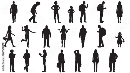 People silhouette set with standing walking and running men women and kids, business and casual poses, isolated black figures for icons, crowd design and infographic use