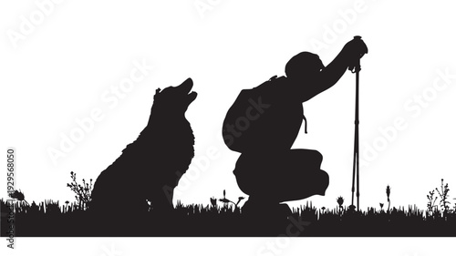 Photographer crouching with tripod camera and backpack beside dog silhouette on meadow grass, outdoor wildlife photo shoot scene isolated on white background