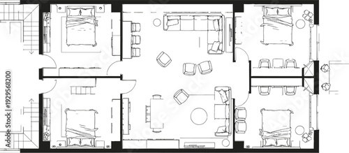 Modern apartment floor plan top view vector illustration with living room, bedrooms, kitchen, dining area and staircase architectural layout design