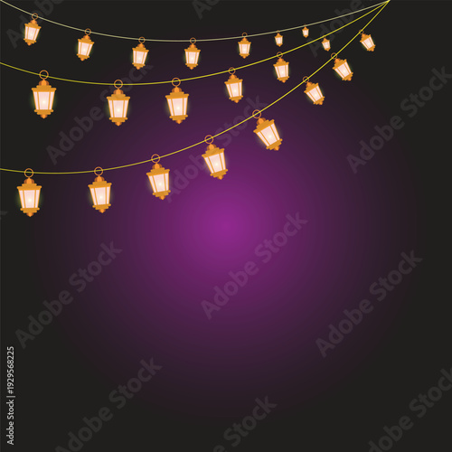 abstract background with hanging  lanterns glowing in night darkness,  , light effect design art illustrator golden lamp design in illustrator 