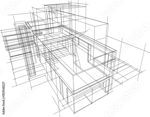 Architectural house wireframe line drawing featuring modern residential building construction frame and structural engineering design