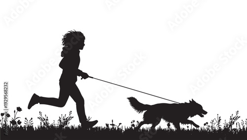 Silhouette child walking dog on leash in meadow grass, playful outdoor scene with boy running beside pet, black cutout style isolated on white background