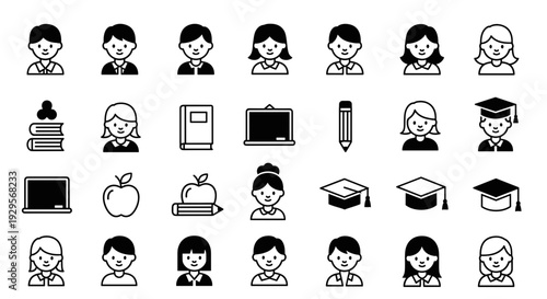 Collection of Diverse Student and Education Icons.