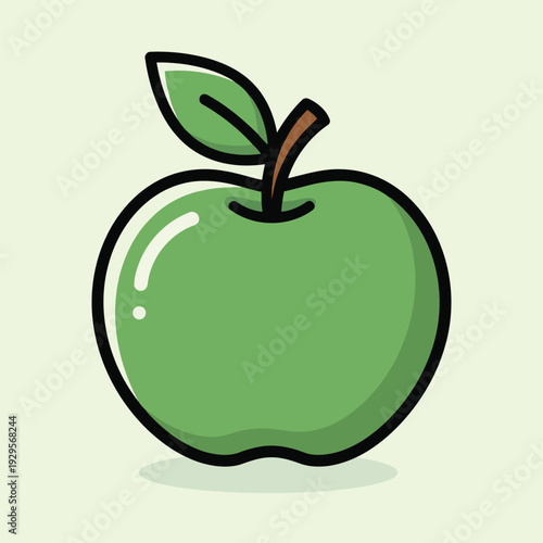 Vector illustration of a vibrant green cartoon apple with a leaf on a light green background