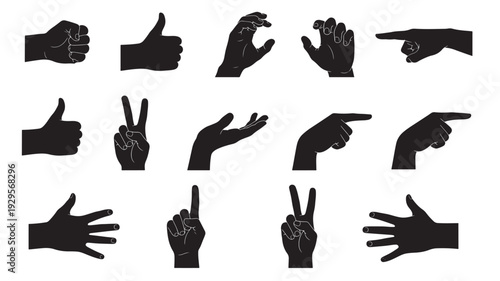 Hands gesture silhouette set with thumbs up, pointing finger, peace sign, raised fist, open palm and counting poses, black icons isolated on white background