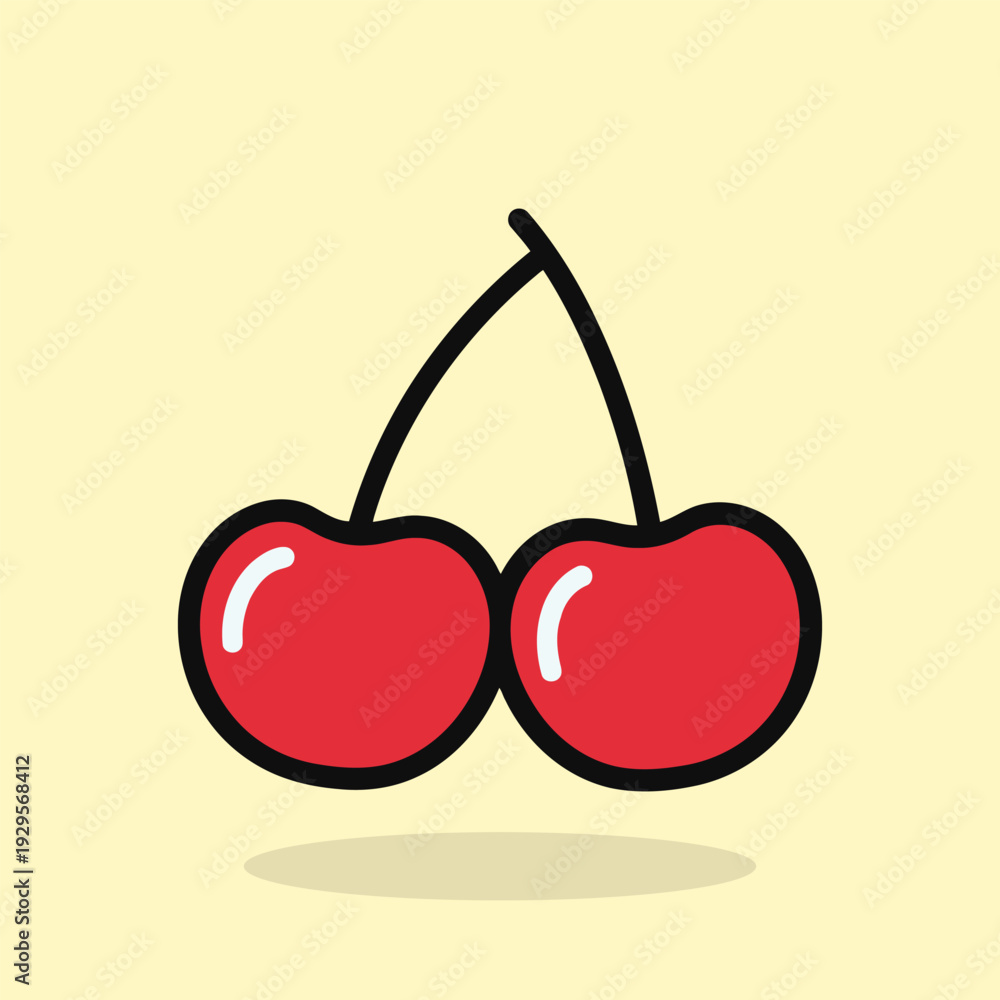 Obraz premium Vector illustration of a cartoon illustration of two ripe red cherries with a green stem on a pale yellow background