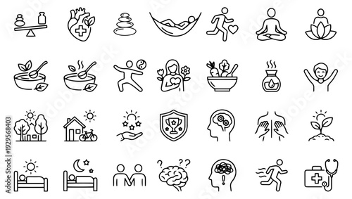 Wellness & Health Line Art Icons Set on PNG Background, wellness icons, health icons, line art icons, outline icons, self care icons, fitness icon, meditation icon, spa icon, tai chi icon, 
