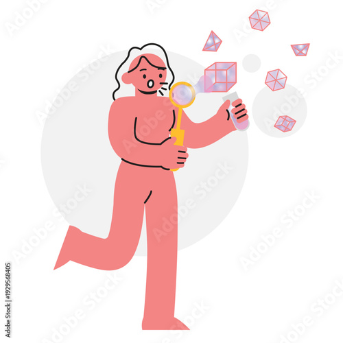Woman Character Blowing Geometric Bubbles Representing Creative Innovation and Impossibility Concept. Character Vector illustration design.