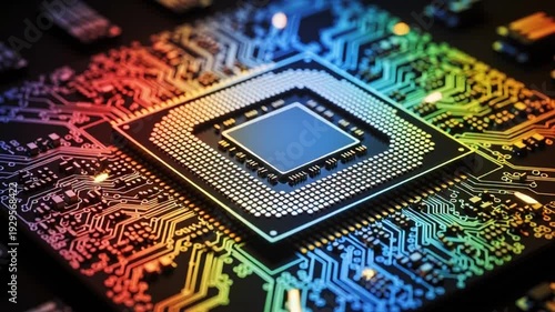 A close-up view of a microchip on a colorful circuit board with rainbow hues.