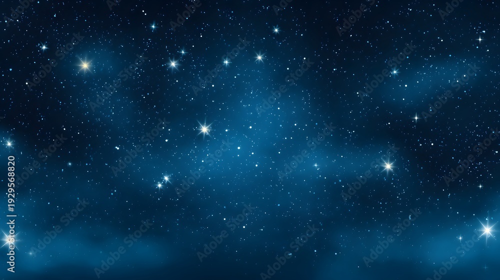 Obraz premium Celestial Serenity: A panoramic view of a star-studded night sky, displaying the vastness and mystery of the universe, with twinkling stars against a deep blue canvas.