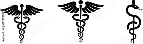 Three Black Caduceus and Asclepius Medical Symbols on White Background snake staff