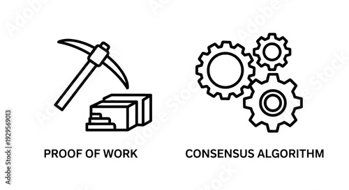 Proof of Work and Consensus Algorithm Vector Icons: Blockchain Mining, Transaction Validation, and Network Security