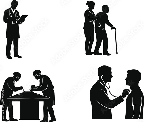 Doctor examining patient with stethoscope silhouette medical healthcare concept illustration