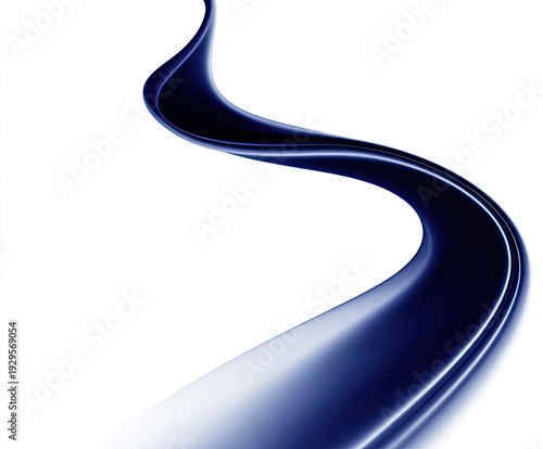 A smooth, dark blue, flowing ribbon curves across a white background