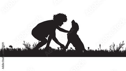 Boy playing with dog silhouette on grass with friendly pet interaction, child reaching to puppy outdoors, minimal black shape on white background, playful companionship scene