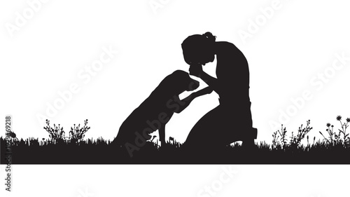 Woman kneeling with dog in black silhouette illustration with grass and flowers featuring outdoors, pet, animal with human and interaction elements for love, companionship projects, clean composition