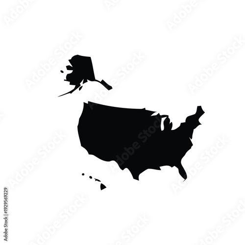 United States Map with Alaska Hawaii Silhouette Vector. Complete USA Country Geographic Black Silhouette. North American Continent Full Territory Clip Art Illustration.