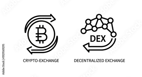 Bitcoin symbol with circular arrows representing crypto exchange, and DEX decentralized exchange network icon with arrows, symbolizing digital currency trading platforms.