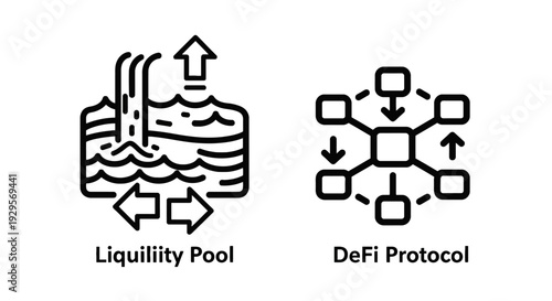 Liquidity pool waterfall with arrows indicating flow, and DeFi protocol network icon with arrows, symbolizing decentralized finance systems.