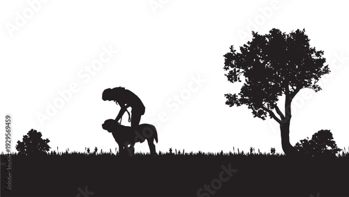Horse silhouette with rider grooming and feeding in grassy field near lone tree, countryside farm scene in black and white, minimal cutout style with copy space
