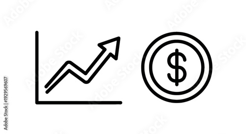 Financial growth icons featuring a rising graph and a dollar coin, representing investment, profit, and positive economic trends in business and finance.
