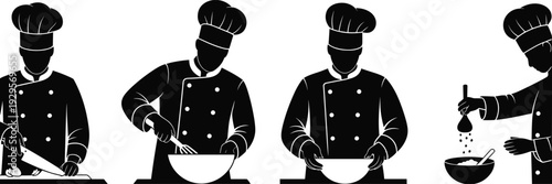 Professional chef cooking process set, chopping, mixing and seasoning food preparation steps, black and white silhouette vector illustration isolated on white background