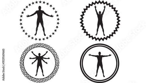 Human silhouette badge set with four circular emblems, star and zigzag borders, arms raised and outstretched poses, black icons isolated on white background