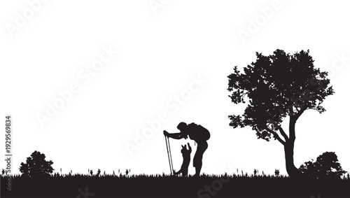 Hiker silhouette bending to pet dog on grassy hill with trekking poles near lone tree, minimalist black and white outdoor scene with copy space for travel