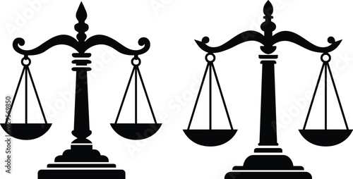 Scales of justice silhouette set, classic balance symbol, legal law emblem, court judiciary icon, black vector illustration collection