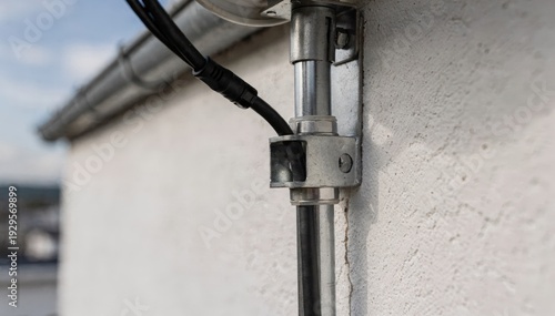 Focused view of coaxial cable running from satellite dish down exterior wall through secured conduit with rooftop and background out of focus.