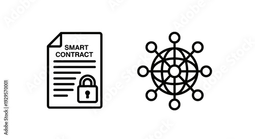 Secure smart contract icon with a lock and a global network icon, symbolizing secure digital agreements and worldwide decentralized network connectivity.