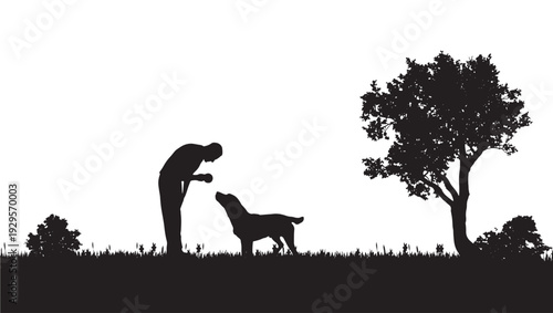 Person training dog silhouette on grassy field with tree and bushes, outdoor obedience lesson scene, minimal black cutout style isolated on white background