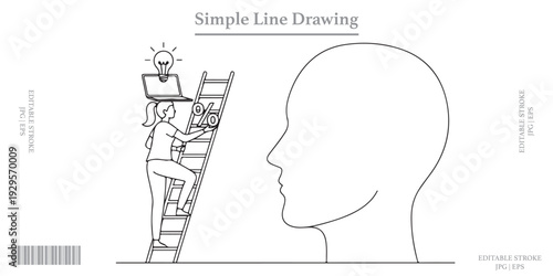 Idea lightbulb ladder inside mind head simple line drawing
